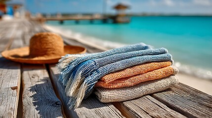 Beach scene with hat and folded textiles on wooden dock