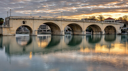 Golden Sunset Over Stone Arch Bridge And River Reflection