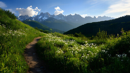 Fototapeta premium A narrow mountain path through vibrant wildflower meadows, leading to majestic peaks under a clear blue sky.