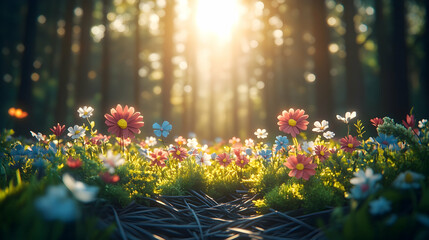 Obraz premium Field of colorful flowers in forest with sunshine beaming through the trees creating a tranquil and enchanting scene