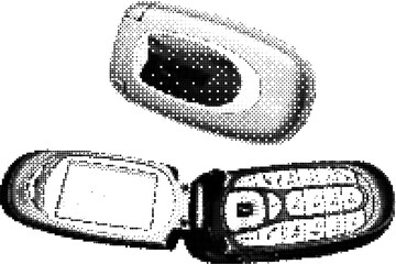 Classic retro flip mobile phone in 90s pixel style. Y2K aesthetic element retro cellphone