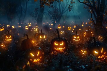 A haunting scene of a pumpkin graveyard lit by flickering jack-o-lanterns in a foggy forest, A spooky pumpkin graveyard with flickering jack-o-lanterns