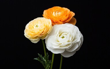 Fototapeta premium Three ranunculus flowers in orange, pale orange, and white, levitate against a stark black background. Close-up view, highlighting the delicate petals and vibrant colors
