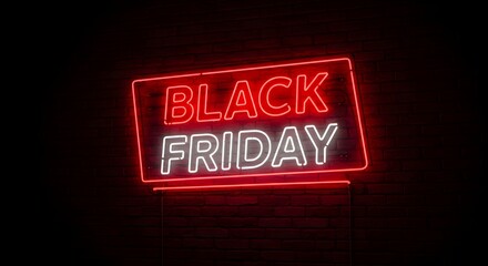 Glowing red and white neon sign on dark brick wall for Black Friday