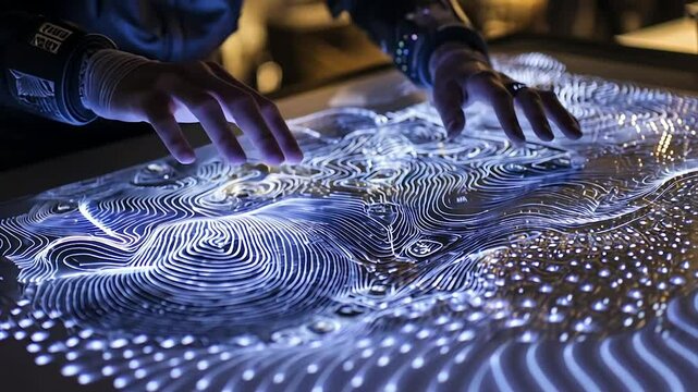 Interactive illuminated topographic map displayed on a table.  Hands trace patterns on the glowing surface