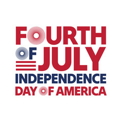 Fourth of July banner with US flag color red and blue text and fireworks celebration elements on white background. 4th of July happy Independence Day of America. Vector illustration.