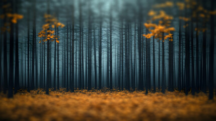 Mysterious forest landscape with golden foliage on the ground dense rows of trees fading into a hazy dreamlike backgro