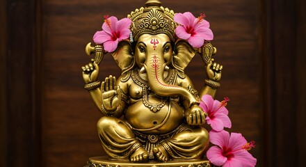 Golden Ganesha Statue with Floral Accents &ndash; Sacred Symbol of Wisdom & Prosperity