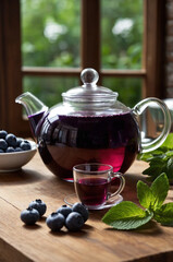Blueberry tea in glass teapot and cup on cozy kitchen counter