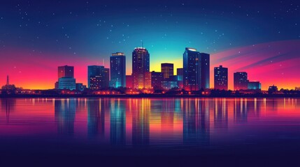 Vibrant city skyline at twilight reflected in water