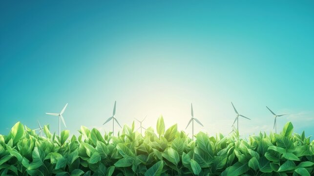 Green growth economy with renewable energy wind turbines and a rising financial bar chart