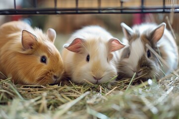 Obraz premium Three guinea pigs and one rabbit nibble on hay in their cage, Guinea pigs and rabbits nibbling on hay in their cages