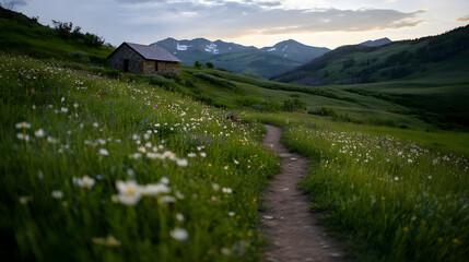 Obraz premium A peaceful mountain field with a winding dirt trail leading to a charming stone cottage, surrounded by wildflowers.