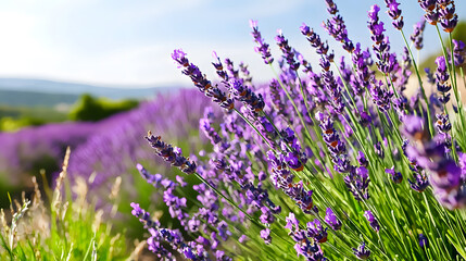 Obraz premium A field of purple lavender flowers. Generated using AI.