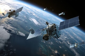 Naklejka premium A group of Satellites orbiting planet Earth in space, with an emphasis on satellite solar panels and complex structural elements.