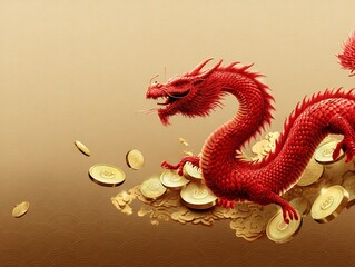Fototapeta premium Ornate Red Chinese Dragon with Gold Coins on Golden Wave Pattern Backdrop