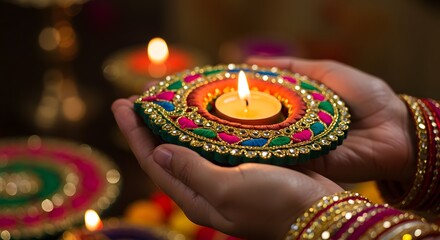 Fototapeta premium Hand-Held Decorated Diya – Glowing Festive Symbol of Light & Celebration