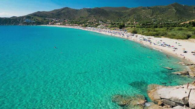Aerial view of the Solanas beach in the province Sinnai in Sardinia, Italy