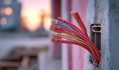Colorful electrical wires emerge from wall, sunrise colors, close-up