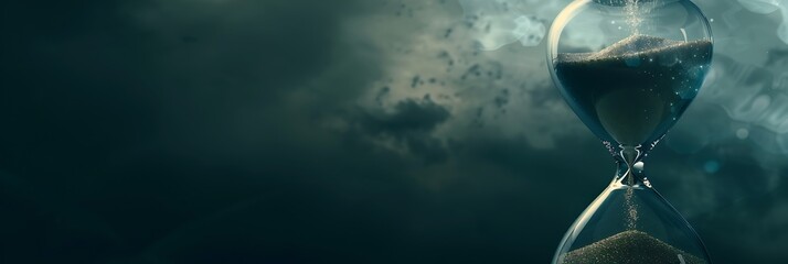 Hourglass with sand running out set against a dark, dramatic, stormy sky background. Conceptual banner symbolizing time passing, urgency, or impending deadline.

