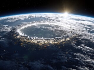 Striking image shows a giant circular cloud formation over Earth, with a sunburst illuminating the horizon. Cataclysmic weather phenomenon.