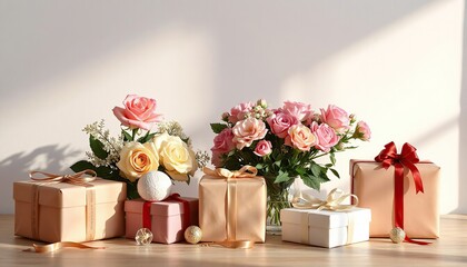 Beautiful, stylish background. Flowers and gifts with copy space