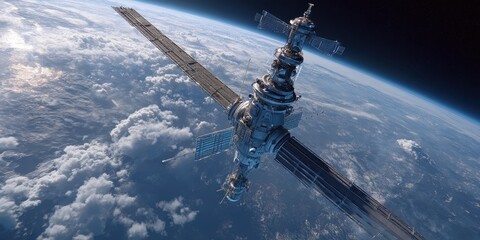 Naklejka premium Orbiting Lab: High-tech satellite station drifts across Earth's atmosphere, a solitary sentinel in the vast expanse of space.