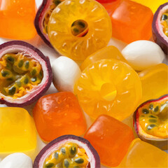  Appetizing close-up of colorful gummy candies and passion fruit halves in yellow, orange, and purple representing sweet treats and fruit flavors