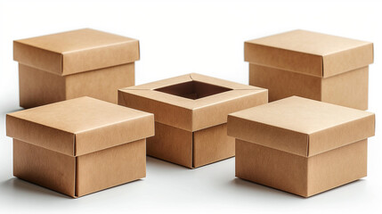 Brown Kraft Paper Gift Boxes with Lids on White Background