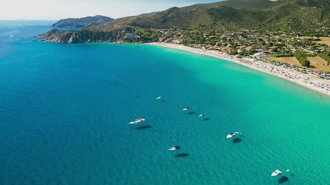 Aerial view of the Solanas beach in the province Sinnai in Sardinia, Italy