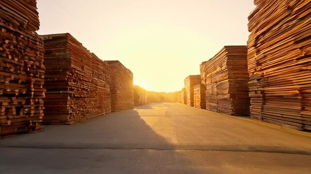 Timber Stack Alley: Lumberyard Rows Bathed in Golden Sunset Light