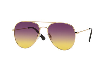 Aviator sunglasses gold frame purple yellow gradient lenses on transparent background