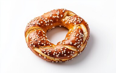 A golden brown pretzel sprinkled with salt, on a plain white background. The pretzel is a classic shape, shot from a high angle, showing the texture of the dough and the salt crystals