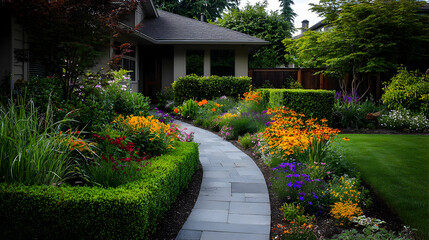 Colorful Garden Path With Lush Flowers And Trees