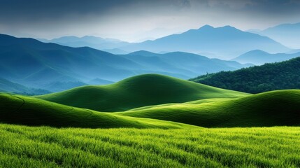 Fototapeta premium Green mountains stretching across the horizon, showcasing nature vast and stunning beauty.