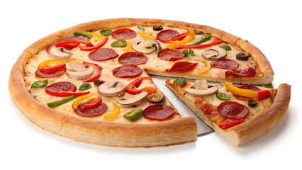 Whole Pepperoni Pizza with Vegetables on White Background – High Resolution Cutout
