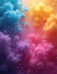 Fototapeta premium Abstract Holi festival background design. Colorful paint cloud explosion with glitter confetti. Bright multi-colored paint splash on black background. Festive poster banner template with copy space.