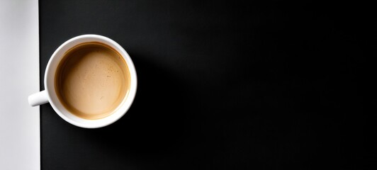 Minimalistic photo of coffee in a white cup on a black table, perfect for a stylish magazine cover with blank space for your logo