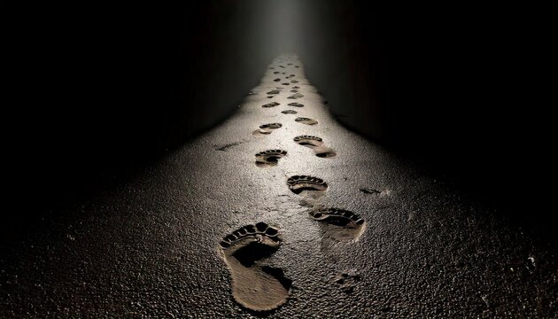 Muddy human footprints leading into the dark night