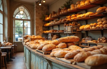 Charming Paris bakery with fresh bread assortment on display. Vintage decor with quaint, cosy interior. Picturesque details, inviting atmosphere for food lovers.