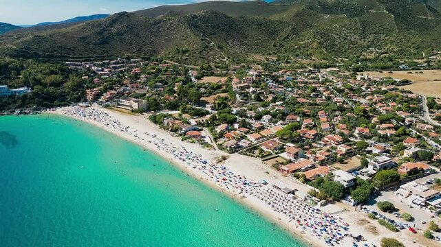 Aerial view of the Solanas beach in the province Sinnai in Sardinia, Italy