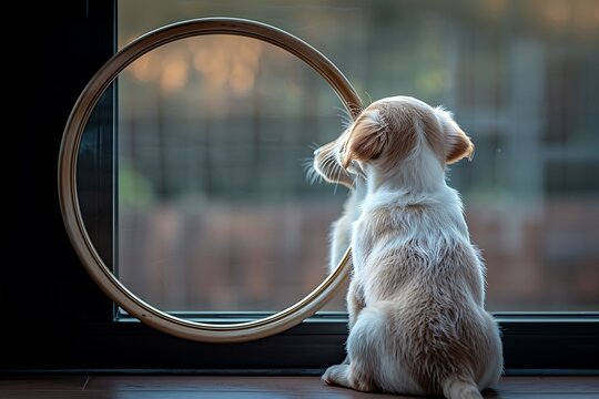**Labrador Puppy Looking Into Mirror With Curious Expression, Minimal Background Perfect For Emotional Stock Concepts And Social Virals --Ar 3:2 --S 997 --V 6.0 --Style Raw** - @Darya (Relaxed)
