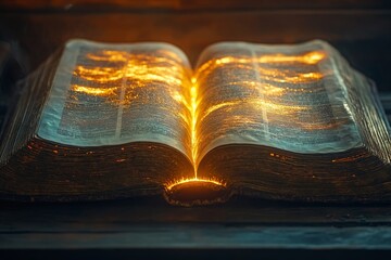 Obraz premium A Light from the Ancient Words: An Open Book Radiating Easter Hope and Divine Knowledge on a Wooden Surface, Inspiring Renewal.