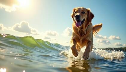 Golden Retriever bounds into Lake Michigan's cool water, summer sun gleaming , playful, sky