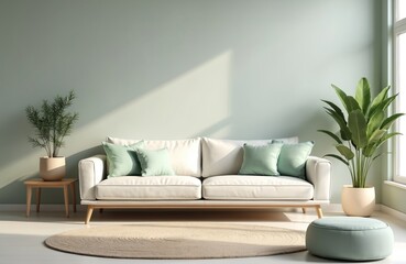 Modern living room interior. White sofa pastel decor and indoor plants. Stylish home design with neutral color tones. Sunlight, cozy, comfy, bright flat.