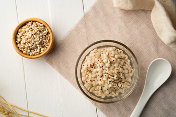 Job's tears in syrup,Boiled millet with sugar in glass bowl.Top view
