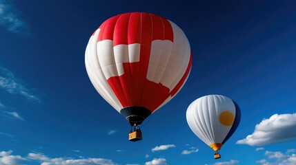 Obraz premium Two colorful hot air balloons soar against a vibrant blue sky dotted with fluffy white clouds. A stunning view of aerial adventure