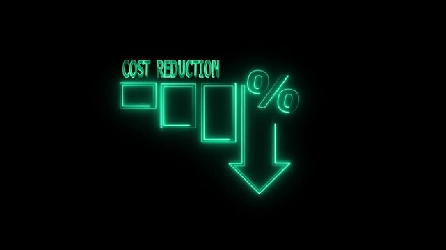 Cost reduction business finance concept, budget management and cost management. Cost reduction graph with down arrow on black screen.