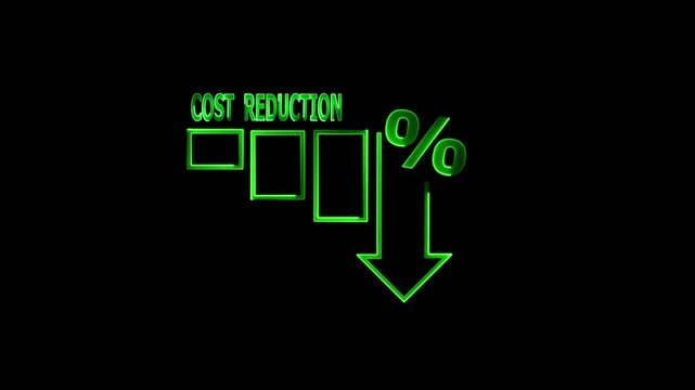 Cost reduction business finance concept, budget management and cost management. Cost reduction graph with down arrow on black screen.
