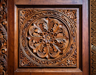 Traditional Malaysian wood carving art with intricate floral and geometric patterns showcases skilled craftsmanship and cultural expression.